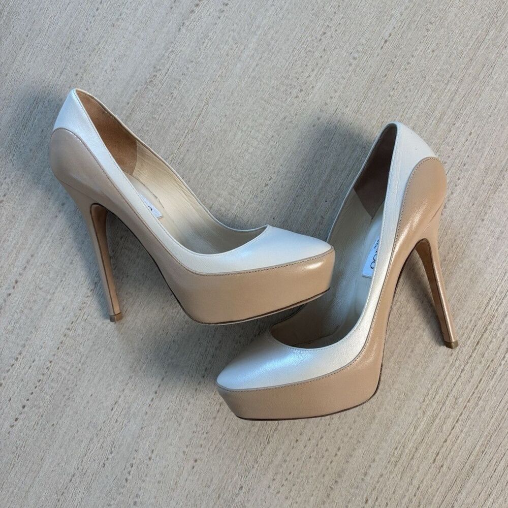 Jimmy Choo Beige Solid Platform Slip On Round Toe Stiletto Pumps